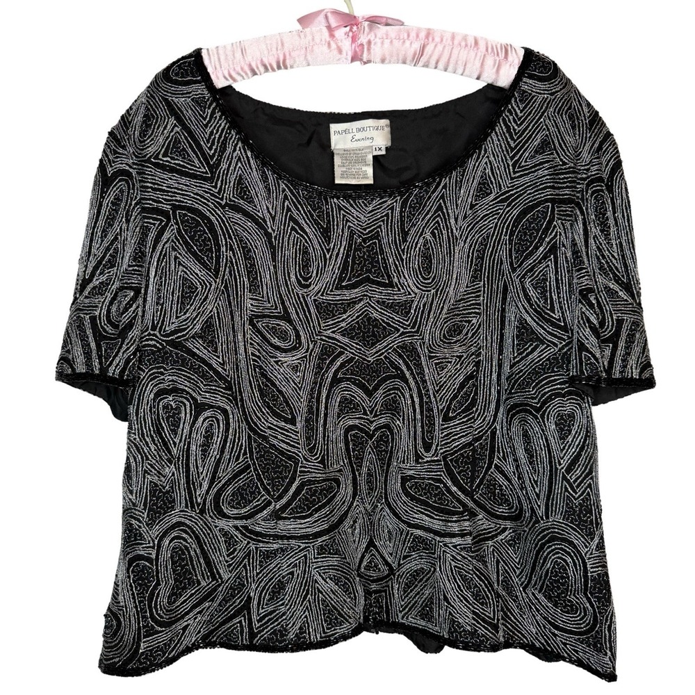 Papell Boutique Evening Top Womens Silk 1X Beaded Cocktail Short Sleeve Black‎